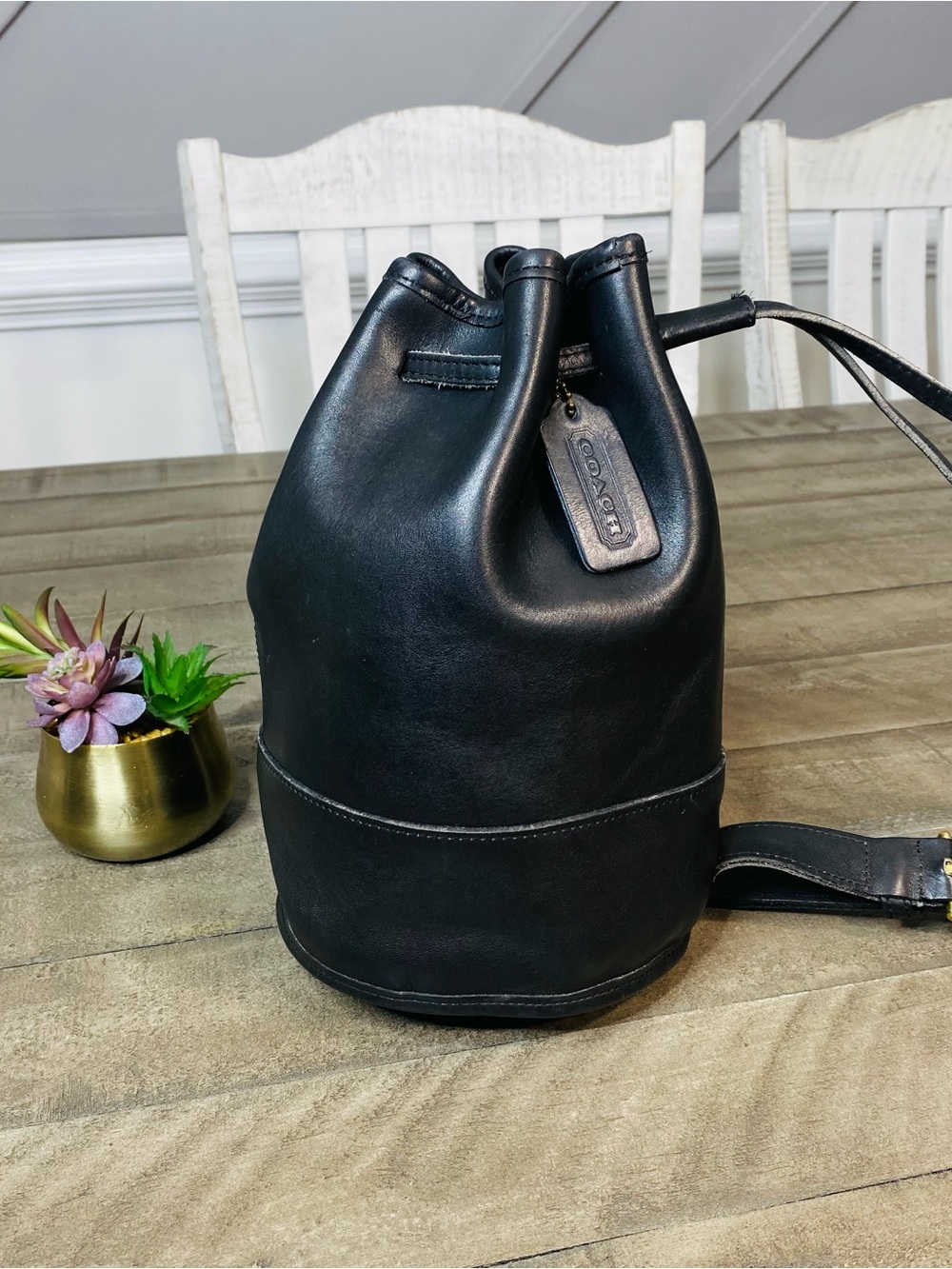 Vintage Coach Black Leather Bixby Sling Bag Drawstring Bucket Backpack 9984 USA